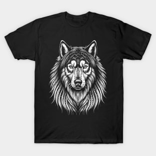 Alaskan Malamute Dog Portrait/Face White on Black T-Shirt